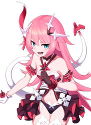 Rule 34 | 1girl, bare shoulders, black gloves, blue eyes, blush, breasts, child (isoliya), choker, fang, gloves, hair between eyes, hair ornament, hair ribbon, highres, honkai (series), honkai impact 3rd, long hair, looking at viewer, open mouth, pink hair, ribbon, rozaliya olenyeva, simple background, small breasts, smile, tail, thick eyebrows, thighhighs, white background, white thighhighs