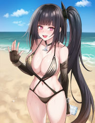Rule 34 | architect (girls&#039; frontline), architect (nvw model) (girls&#039; frontline), bad id, bad pixiv id, beach, beruko14, black gloves, black one-piece swimsuit, blunt bangs, bottle, breasts, cleavage, collarbone, cowboy shot, elbow gloves, fingerless gloves, girls&#039; frontline, gloves, hand up, highres, holding, holding bottle, large breasts, long hair, looking at viewer, navel, ocean, one-piece swimsuit, open mouth, outdoors, purple eyes, side ponytail, smile, solo, standing, swimsuit, thighs, very long hair, water, water bottle