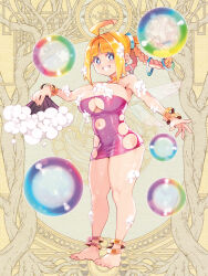 Rule 34 | 1girl, ahoge, anklet, art nouveau, barefoot, blonde hair, blue eyes, bracelet, braid, breasts, bubble, choker, cleavage cutout, clothing cutout, dairoku ryouhei, dress, folding fan, full body, grin, hair intakes, hair rings, hand fan, highres, holding, holding fan, jewelry, large breasts, long hair, microdress, navel, navel cutout, official art, photoshop (medium), purple dress, revealing clothes, ryoji (nomura ryouji), smile, soap bubbles, solo, strapless, strapless dress, tight clothes, tight dress
