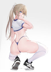 Rule 34 | 1girl, ass, baige0, black footwear, blue eyes, blue panties, breasts, grey background, hair between eyes, highres, light brown hair, long hair, looking at viewer, looking back, mole, mole on breast, no bra, original, panties, partially visible vulva, ponytail, shirt, shoes, sideboob, simple background, small breasts, solo, squatting, string panties, sweat, thighhighs, thong, underwear, white shirt, white thighhighs