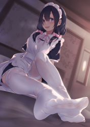Rule 34 | 1girl, apron, black hair, blush, breasts, breath, commentary request, fang, feet, foot focus, foreshortening, heavy breathing, indoors, long hair, looking at viewer, low twintails, maid, maid apron, maid headdress, medium breasts, no shoes, open mouth, original, purple eyes, short sleeves, sitting, skin fang, smile, soles, solo, thighhighs, toes, twintails, unimon e, white thighhighs