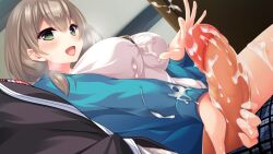 Rule 34 | 1girl, anekawa ayane, blonde hair, blush, breasts, breath, censored, cum, cum on body, cum on breasts, cum on clothes, cum on lower body, cum on upper body, dodomeiro, eyebrows hidden by hair, from below, game cg, green eyes, handjob, indoors, large breasts, legs, looking at another, medium hair, mosaic censoring, netarou, open mouth, original, penis, real eroge situation! dt, sitting, smile, table, thighs, under table