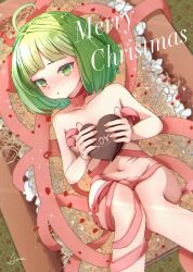 Rule 34 | 1girl, absurdres, ahoge, blunt bangs, blush, box, breasts, candy, chocolate, chocolate heart, christmas, collarbone, english text, flower, food, green eyes, green hair, heart, heart-shaped box, highres, holding, holding food, in container, kaiua (platze630), looking at viewer, lying, magia record: mahou shoujo madoka magica gaiden, mahou shoujo madoka magica, merry christmas, miyako hinano, naked ribbon, navel, nose blush, nude, on back, parted lips, petals, pink ribbon, red ribbon, ribbon, short hair, small breasts, solo, white flower