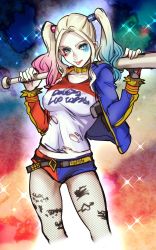 Rule 34 | 1girl, abstract background, aono shimo, bad id, bad twitter id, baseball bat, belt, blonde hair, blue eyes, blue hair, blue jacket, bracelet, breasts, collarbone, cowboy shot, cropped legs, dc comics, eyeshadow, facial tattoo, fishnet pantyhose, fishnets, gradient hair, gun, handgun, harley quinn, heart, heart tattoo, highres, holster, jacket, jewelry, leg tattoo, pantyhose under shorts, lipstick, long sleeves, looking at viewer, makeup, matching hair/eyes, medium breasts, midriff, multicolored background, multicolored clothes, multicolored hair, multicolored jacket, multicolored shorts, one eye closed, pale skin, pantyhose, pantyhose under shorts, pink hair, pistol, purple jacket, red hair, red jacket, short shorts, shorts, shoulder holster, solo, spiked bracelet, spikes, studded belt, suicide squad, tattoo, torn clothes, twintails, weapon