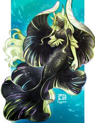 Rule 34 | 1girl, 2022, aqua eyes, artist name, black scales, black skin, blue background, closed mouth, colored eyelashes, colored skin, completely nude, dated, fingernails, fins, full body, gills, green hair, green horns, green scales, green skin, hand up, highres, hogara, horns, long hair, looking at viewer, mermaid, monster girl, nude, original, sharp fingernails, sidelocks, smile, solo, underwater, very long hair, webbed hands