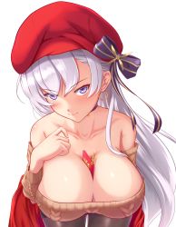 Rule 34 | 1girl, absurdres, aran sweater, azur lane, bare shoulders, belfast (azur lane), belfast (shopping with the head maid) (azur lane), between breasts, blush, bow, breasts, brown pantyhose, brown sweater, cable knit, choker, cleavage, collarbone, commentary request, earrings, food, food between breasts, hand on own chest, hat, hat bow, highres, holding, holding food, hoop earrings, jewelry, large breasts, leaning forward, long hair, looking at viewer, off-shoulder sweater, off shoulder, pantyhose, pocky, revision, shenqi (toid310), skirt, solo, sweater, upper body, white background, white hair