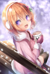 Rule 34 | 1girl, :d, bench, black thighhighs, blurry, blurry background, blush, brown hair, commentary request, cup, depth of field, earmuffs, english text, flower, fur-trimmed jacket, fur trim, gochuumon wa usagi desu ka?, hair between eyes, hair flower, hair ornament, hairclip, highres, holding, holding cup, hoto cocoa, jacket, long hair, long sleeves, looking at viewer, looking back, mittens, mug, natuna natu, on bench, open mouth, park bench, pink flower, pink jacket, purple eyes, purple mittens, sitting, smile, snow, snowing, solo, thighhighs