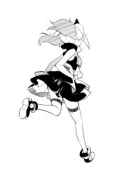Rule 34 | 1girl, bare shoulders, boots, breasts, dress, facing away, full body, greyscale, highres, kaguya luna, kurihara sakura, large breasts, monochrome, obi, running, sash, shoe soles, simple background, sleeveless, sleeveless dress, solo, the moon studio, thighhighs, thighhighs under boots, twintails, virtual youtuber, white background