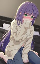 Rule 34 | 1girl, absurdres, between legs, blush, breast pocket, breasts, collared shirt, covering own mouth, dress shirt, ear blush, green eyes, grey pants, hair over shoulder, hand between legs, hand over own mouth, highres, link! like! love live!, long hair, long sleeves, looking at viewer, love live!, medium breasts, navel, on bed, otomune kozue, pants, pocket, purple hair, shirt, sidelocks, sitting, sleeves past fingers, sleeves past wrists, solo, wariza, white shirt, yutuki ame