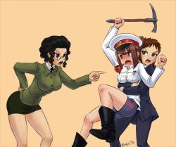 Rule 34 | 3girls, black hair, bloomers, blue eyes, boots, breasts, brown eyes, brown hair, clenched hand, communism, flick-the-thief, formal, gender request, genderswap, glasses, hammer and sickle, hand on own hip, hat, holding, holding pickaxe, ice pick, joseph stalin, leon trotsky, mc axis, military, military uniform, miniskirt, multiple girls, necktie, open mouth, peaked cap, pickaxe, pointing, pointing at another, real life, red eyes, red star, russian text, short hair, shouting, simple background, skirt, smoking pipe, soviet, star (symbol), striped, suit, underwear, uniform, v-shaped eyebrows, vladimir lenin