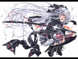 Rule 34 | doatobira, katana, letterboxed, long hair, original, ponytail, red eyes, school uniform, sheath, sheathed, silver hair, skirt, solo, sword, thighhighs, torn clothes, torn thighhighs, weapon