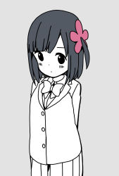 Rule 34 | 1girl, alternate hairstyle, arms behind back, blazer, blunt bangs, blush, bow, bowtie, buttons, closed mouth, collared shirt, commentary request, dot mouth, dot nose, expressionless, flower, grey background, hair flower, hair ornament, highres, hitoribocchi no marumaru seikatsu, jacket, katsuwo (cr66g), kurai kako, long sleeves, looking at viewer, medium hair, pink flower, pleated skirt, school uniform, shirt, simple background, skirt, solo, spot color, standing