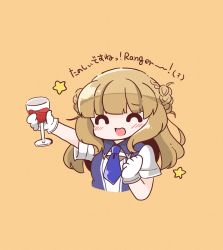 Rule 34 | 1girl, alcohol, arm up, bloom2425, blue skirt, braid, brown hair, closed eyes, commentary request, cup, double bun, drinking glass, gloves, hair bun, highres, holding, holding cup, kantai collection, long hair, orange background, ranger (kancolle), side braids, simple background, skirt, smile, solo, translation request, two-tone dress, upper body, white gloves, wine, wine glass
