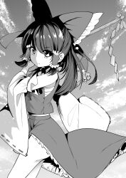 Rule 34 | 1girl, bow, chest sarashi, closed mouth, cloud, commentary, detached sleeves, frilled bow, frilled hair tubes, frills, gohei, greyscale, hair bow, hair tubes, hakurei reimu, highres, holding, holding gohei, light frown, long hair, monochrome, nodoguro (phi-tan), ribbon-trimmed sleeves, ribbon trim, sarashi, skirt, skirt set, solo, touhou, wide sleeves