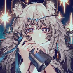 Rule 34 | 1girl, absurdres, animal ear fluff, animal ears, arknights, artist name, bell, braid, expressionless, grey eyes, grey hair, hands up, highres, holding, holding bell, leopard ears, leopard girl, long hair, looking at viewer, portrait, pramanix (arknights), side braids, solo, sweater, turtleneck, turtleneck sweater, white sweater, zamwangwang