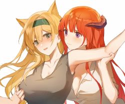 Rule 34 | 2girls, alternate costume, animal ears, arknights, arm grab, arm up, armpits, bagpipe (arknights), bare arms, bare shoulders, blonde hair, blush, breasts, cleavage, dragon horns, grabbing, grabbing another&#039;s breast, grabbing from behind, green eyes, green hairband, hairband, highres, horn (arknights), horns, large breasts, long hair, multiple girls, nipple stimulation, nipple tweak, nose blush, open mouth, purple eyes, qinglai haiji, shirt, short sleeves, simple background, sleeveless, tank top, upper body, v-shaped eyebrows, white background, white shirt, wolf ears, yuri