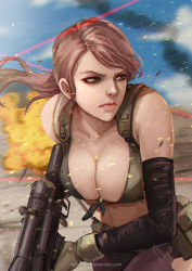 Rule 34 | 1girl, artist name, bikini, bikini top only, blue eyes, breasts, brown hair, cleavage, day, deviantart username, dust cloud, explosion, front-tie bikini top, front-tie top, gun, konami, large breasts, laser, laser pointer projection, laser sight, lips, magion02, metal gear (series), metal gear solid v: the phantom pain, nose, pantyhose, ponytail, quiet (metal gear), realistic, rifle, scope, signature, sniper rifle, solo, swimsuit, torn clothes, torn pantyhose, watermark, weapon, web address