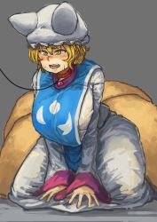 Rule 34 | 1girl, animal hat, blonde hair, blush, breasts, chanta (ayatakaoisii), collar, dress, fang, fox tail, grey background, hair between eyes, hat, highres, huge breasts, kneeling, leash, long sleeves, mob cap, multiple tails, open mouth, short hair, simple background, solo, sweatdrop, tabard, tail, teeth, thick thighs, thighs, tongue, touhou, white dress, white hat, wide hips, wide sleeves, yakumo ran