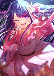 Rule 34 | 1girl, absurdres, commentary, dress, gloves, glowstick, hair ornament, highres, holding, holding microphone, hoshino ai (oshi no ko), idol, long hair, looking at viewer, microphone, music, nellforce, one eye closed, open mouth, oshi no ko, pink dress, pink eyes, pink gloves, pointing, purple eyes, purple hair, rabbit hair ornament, singing, sleeveless, sleeveless dress, smile, solo, sparkle, star-shaped pupils, star (symbol), swept bangs, symbol-shaped pupils