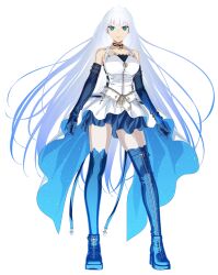Rule 34 | 1girl, alternate hair color, aozaki aoko, bare shoulders, blue eyes, blue footwear, breasts, dress, elbow gloves, fate/grand order, fate (series), full body, gloves, long hair, medium breasts, official art, thigh high boots, transparent background, white hair