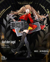 Rule 34 | 1girl, artist request, black bow, black dress, black footwear, black thighhighs, blush, boots, bow, breasts, brown hair, character name, copyright name, dress, drum, drumsticks, english text, girls&#039; frontline, hair bow, high heel boots, high heels, highres, holding, holding drumsticks, instrument, jacket, long hair, looking away, official alternate costume, official art, open mouth, red eyes, red jacket, scar, scar across eye, scar on face, simple background, smile, solo, standing, tape, thighhighs, twintails, ump9 (bolero dance bird) (girls&#039; frontline), ump9 (girls&#039; frontline), uniform, weapon case