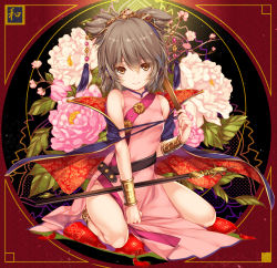 Rule 34 | 1girl, alternate costume, anklet, bare shoulders, barefoot, blush, bracer, brown eyes, brown hair, cape, china dress, chinese clothes, dress, earmuffs, floral background, flower, hair ornament, highres, jewelry, looking at viewer, monety, pillow, pointy hair, ritual baton, short hair, sitting, sleeveless, smile, solo, sword, touhou, toyosatomimi no miko, weapon