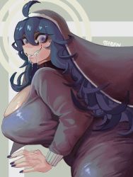 Rule 34 | 1girl, @ @, absurdres, alternate breast size, breasts, creatures (company), dress, drooling, game freak, habit, hair between eyes, hairband, hex maniac (pokemon), highres, huge breasts, long hair, looking at viewer, looking to the side, messy hair, nintendo, pokemon, pokemon xy, purple eyes, purple hairband, sadak0, saliva, smile, upper body, very long hair, wavy mouth