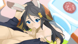 Rule 34 | 10s, 1boy, 1girl, animal ears, black hair, blue eyes, bottomless, breasts, fellatio, from above, hair between eyes, hair ornament, hand on another&#039;s head, hetero, highres, izumi reina, keiryuu seo, long hair, looking at viewer, musaigen no phantom world, open clothes, open shirt, oral, penis, rabbit ears, shirt, sitting, small breasts, strap slip, toilet