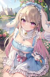 Rule 34 | 1girl, animal ears, aria (ariacue), armpits, ayaginu temari, blonde hair, blue dress, bow, breasts, brown hair, carrot, castle, cleavage, colored inner hair, detached sleeves, dress, earrings, floppy ears, flower, hair bow, hair ornament, hairband, hairclip, highres, isekai tensei shite v ni narimashita, jewelry, large breasts, long sleeves, mole, mole under eye, multicolored hair, pink bow, pink eyes, pink hair, plant, potted plant, rabbit, rabbit ears, rabbit ornament, revision, rose, smile, solo, two side up, underboob, virtual youtuber