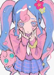 Rule 34 | 1girl, blue eyes, blue hair, blue skirt, blush, colored eyelashes, commentary request, creatures (company), curly hair, double v, earrings, fairy miku (project voltage), flower, game freak, gen 1 pokemon, hair flower, hair ornament, hands on own face, hands up, hatsune miku, heart, jewelry, jigglypuff, long hair, long sleeves, looking at viewer, miniskirt, motsu (timotimo451), multicolored hair, nail polish, neckerchief, nintendo, pink hair, pink nails, pink sweater, plaid, plaid skirt, pleated skirt, pokemon, pokemon (creature), project voltage, red flower, scrunchie, sidelocks, simple background, skirt, solo, star (symbol), sweater, twintails, two-tone hair, v, very long hair, vocaloid, white background, white neckerchief, wrist scrunchie, yellow flower, yellow scrunchie