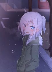 Rule 34 | 1girl, azuma shino, blue eyes, blush, fang, female focus, hair over one eye, hands in pockets, jacket, looking at viewer, nowareno (azuma shino), open mouth, original, outdoors, pointy ears, ponytail, skin fang, slit pupils, snow, solo, sweater, white hair