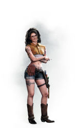 Rule 34 | 1girl, 3d, absurdres, belt, black hair, boots, capcom, cigarette, crop top, crossed arms, devil may cry (series), devil may cry 5, freckles, glasses, gloves, highres, looking to the side, midriff, navel, nico (devil may cry), official art, pubic tattoo, realistic, short shorts, shorts, simple background, smile, solo, stomach, tattoo, undershirt, utility belt