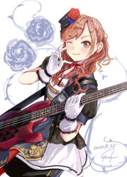 Rule 34 | 1girl, ;3, absurdres, bang dream!, bass guitar, black hat, black jacket, blush, brown eyes, brown hair, closed mouth, commentary request, dated, dutch angle, earrings, flower, flower earrings, gloves, gurifu, hat, hat flower, highres, holding, holding instrument, imai lisa, instrument, jacket, jewelry, long hair, looking at viewer, one eye closed, pleated skirt, puffy short sleeves, puffy sleeves, purple flower, purple rose, red flower, red rose, rose, short sleeves, signature, simple background, skirt, solo, swept bangs, tilted headwear, white background, white gloves, white skirt