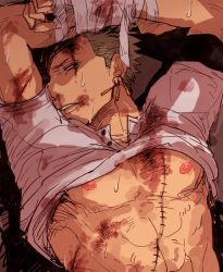 Rule 34 | 1boy, abs, bandages, black eyes, blood, blood stain, clothes lift, earrings, green hair, injury, jewelry, male focus, muscular, nipples, one piece, pectorals, roronoa zoro, shaku (gekirin), shirt lift, solo, stain, stitches, sweat