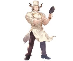 Rule 34 | 10s, 1boy, alternate costume, animal ears, apron, baotorda, blonde hair, blue eyes, chef hat, chef, draph, frying pan, full body, granblue fantasy, hat, horns, male focus, minaba hideo, official art, solo, transparent background