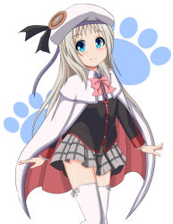 Rule 34 | 1girl, blue eyes, cape, child, closed mouth, cowboy shot, female focus, hat, highres, little busters!, long hair, long sleeves, looking at viewer, noumi kudryavka, pleated skirt, silver hair, skirt, smile, solo, standing, thighhighs, white thighhighs