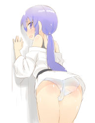 Rule 34 | 10s, 1girl, against wall, ass, bad id, bad pixiv id, bakutendou, blush, bra, clothes pull, dougi, from behind, happinesscharge precure!, hikawa iona, long hair, looking at viewer, looking back, no pants, panties, ponytail, precure, purple eyes, purple hair, shirt pull, solo, spanked, tears, underwear
