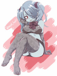 Rule 34 | 1girl, blue skin, blush, bow, bowtie, breasts, colored skin, crossed legs, elbow gloves, gloves, hair over one eye, highres, lingerie, mtk hoshi, red background, red eyes, sitting, skullgirls, solo, squigly (skullgirls), stitched mouth, stitches, thighhighs, twintails, underwear, white background, zombie