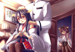 Rule 34 | 10s, 1boy, 2girls, admiral (kancolle), ahoge, blush, brown eyes, brown hair, commentary request, detached sleeves, empty eyes, false smile, fingers together, hair between eyes, hairband, hakama, hakama skirt, hand on another&#039;s head, hand on another&#039;s shoulder, haruna (kancolle), headgear, highres, index fingers together, japanese clothes, kantai collection, kongou (kancolle), lamp, long hair, military, military uniform, multiple girls, nervous, nontraditional miko, office, open door, open mouth, red hakama, rope, sidelocks, sitting, skirt, smile, standing, suzune kou, thighhighs, translated, uniform, wide sleeves, yandere