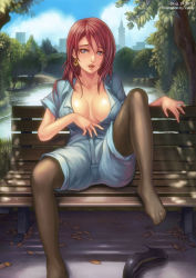Rule 34 | 1girl, artist name, bench, blurry, breasts, cityscape, cleavage, cloud, crotch, dated, depth of field, earrings, eyelashes, feet, high heels, jewelry, large breasts, pantyhose under shorts, lips, long hair, looking at viewer, no shoes, open mouth, outdoors, pantyhose, parody, presenting, red hair, scenery, shoes, shorts, sitting, sky, solo, spread legs, sweat, taipei 101, taiwan, tree, vasily (run211), water, yaranaika