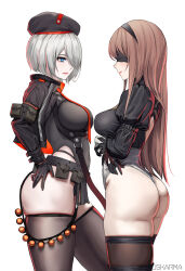 Rule 34 | 2b (nier:automata), 2b (nier:automata) (cosplay), 2girls, absurdres, arm pouch, ass, belt pouch, beret, black blindfold, black hairband, black headwear, black leotard, black panties, blindfold, breasts, brown hair, clothing cutout, collared leotard, cosplay, costume switch, crossover, curvy, ekuskarma, feather-trimmed sleeves, feather trim, goddess of victory: nikke, hairband, hat, highleg, highleg leotard, highres, huge ass, ishikawa yui, juliet sleeves, leotard, lips, long sleeves, looking at another, medium breasts, mole, mole under mouth, multiple girls, nier:automata, nier (series), panties, pouch, puffy sleeves, rapi (nikke), rapi (nikke) (cosplay), red lips, revealing clothes, simple background, skindentation, standing, thick thighs, thighhighs, thighs, thong leotard, two-tone gloves, underwear, voice actor connection, white background, white hair, white leotard, wide hips