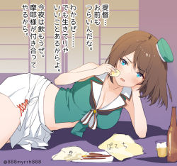Rule 34 | 1girl, 888myrrh888, beer bottle, blue eyes, blush, breasts, brown hair, chips (food), commentary request, food, hair between eyes, hair ornament, hairclip, hat, kantai collection, large breasts, looking at viewer, lying, maya (kancolle), mini hat, on side, open mouth, pleated skirt, school uniform, serafuku, short hair, skirt, sleeveless, solo, translation request, x hair ornament