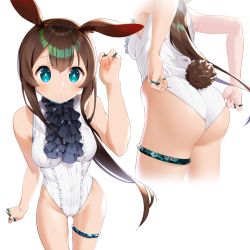 Rule 34 | 1girl, adapted costume, amiya (arknights), animal ears, arknights, bare arms, bare legs, bare shoulders, black neckwear, blush, breasts, brown hair, center frills, closed mouth, commentary request, covered navel, frills, gluteal fold, green eyes, hair between eyes, highleg, highleg leotard, highres, jewelry, leotard, leotard tug, long hair, looking at viewer, medium breasts, multiple rings, pantyhose, playboy bunny, ponytail, rabbit ears, rabbit girl, ring, shikaemon, simple background, small breasts, solo, standing, thigh strap, very long hair, wedgie, white background, white leotard