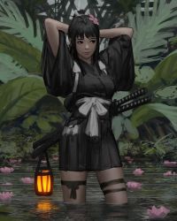 Rule 34 | 1girl, absurdres, arms behind head, arms up, black eyes, black hair, black skirt, commentary, contrapposto, cowboy shot, english commentary, fern, flower, guweiz, hair flower, hair ornament, highres, japanese clothes, katana, lantern, leg strap, lotus, original, outdoors, pink flower, pleated skirt, reflection, sash, scabbard, sheath, sheathed, skirt, smile, solo, standing, sword, thigh strap, tying hair, wading, water, weapon, wide sleeves