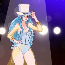 Rule 34 | 1girl, blue hair, bracelet, breasts, cleavage, earrings, female focus, gradient background, hat, hat tip, jewelry, legs, leotard, long hair, magician, millorart, nefertari vivi, one eye closed, one piece, piercing, ratio, solo, standing, thick thighs, thighs, twitter, white hat, wink