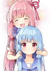 Rule 34 | 2girls, :d, ^ ^, blue hair, blue ribbon, blue sailor collar, blush, brown shirt, closed eyes, closed mouth, collarbone, commentary request, facing viewer, from behind, hair ornament, hair ribbon, head tilt, holding, holding own hair, kotonoha akane, kotonoha aoi, long hair, looking at viewer, multiple girls, ominaeshi (takenoko), open mouth, pink hair, red eyes, red ribbon, ribbon, sailor collar, school uniform, serafuku, shirt, short sleeves, siblings, sidelocks, sisters, smile, star (symbol), teeth, upper teeth only, very long hair, voiceroid, white background, white sailor collar, white shirt