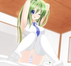 Rule 34 | 1girl, :3, ;d, armpits, arms behind back, arms behind head, arms up, bad id, bad pixiv id, blue eyes, blue panties, blush, breasts, cameltoe, chimunge, covered erect nipples, dutch angle, female focus, frog hair ornament, green hair, hair ornament, impossible clothes, impossible shirt, indoors, knees together feet apart, kochiya sanae, large breasts, long hair, looking at viewer, no pants, one eye closed, open mouth, panties, pussy, shirt, sideboob, sitting, sleeveless, sleeveless shirt, smile, solo, striped clothes, striped panties, stuffed animal, stuffed rabbit, stuffed toy, thighhighs, touhou, underwear, white thighhighs, wink