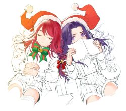 Rule 34 | 2boys, aged down, berserker (fate/zero), book, bow, child, closed eyes, covered mouth, fate/grand order, fate/zero, fate (series), hat, long hair, looking at viewer, male focus, multiple boys, partially colored, purple eyes, purple hair, red hair, santa costume, santa hat, shorts, suspender shorts, suspenders, tristan (fate)
