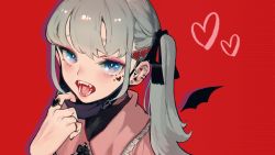 Rule 34 | 1girl, absurdres, black mask, black wings, blue eyes, blunt bangs, blush, clothing request, commentary request, ear piercing, eyebrows hidden by hair, grey hair, hair ornament, hatsune miku, heart, heart hair ornament, heart o-ring, heart tattoo, highres, huge filesize, long hair, looking at viewer, looking up, mask, mini wings, mouth mask, open mouth, piercing, red background, rsef, shadow, sharp teeth, sidelocks, solo, tattoo, teeth, upper body, vampire (vocaloid), vocaloid, wings