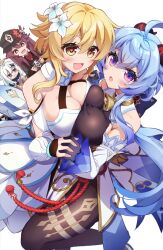 Rule 34 | 4girls, asymmetrical docking, bell, blonde hair, blue hair, bodystocking, breast press, breasts, brown hair, cleavage, cowbell, flower, flower-shaped pupils, ganyu (genshin impact), genshin impact, goat horns, hair flower, hair ornament, halo, hat, hat tassel, horns, hu tao (genshin impact), huge breasts, interlocked fingers, lumine (genshin impact), mikage (shibi), multiple girls, open mouth, paimon (genshin impact), plum blossoms, symbol-shaped pupils, white background, white hair